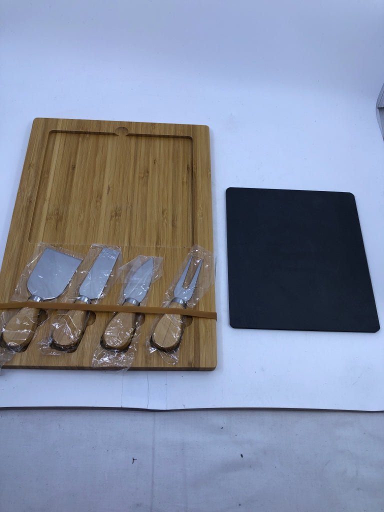 NIP WOODEN CHEESE BOARD W/ 4 SPREADER GREY SLATE INSERT.