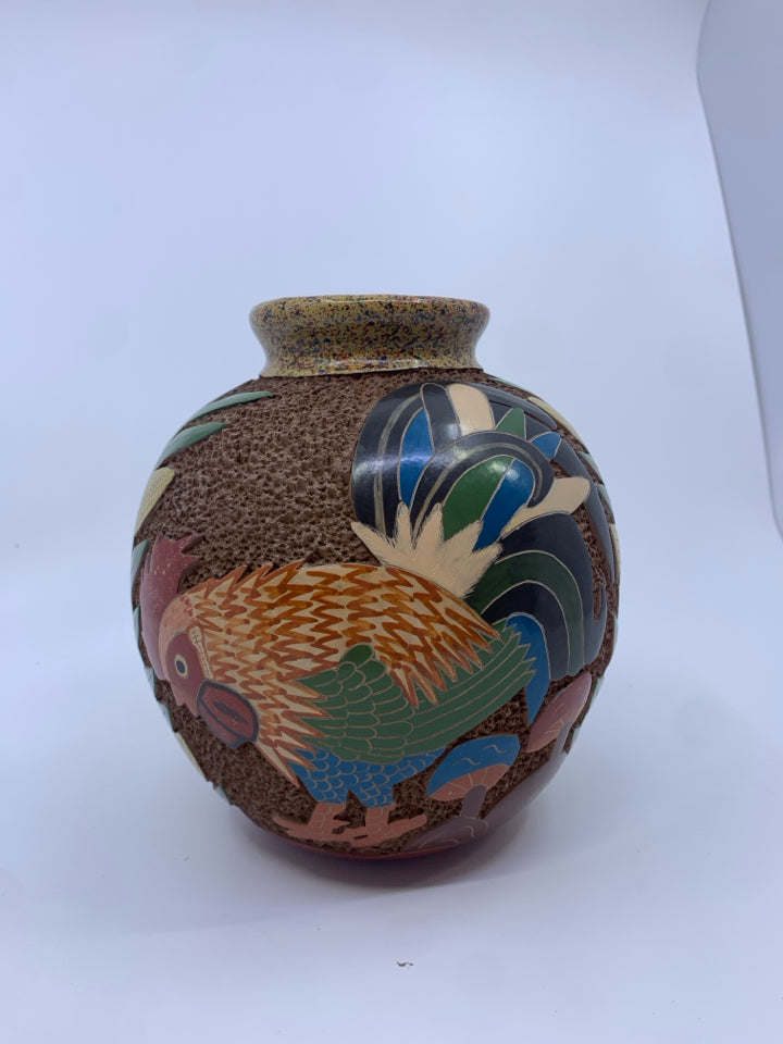 POTTERY VASE W/ EMBOSSED ROOSTER +CORN STOCKS- NICARAGUA.