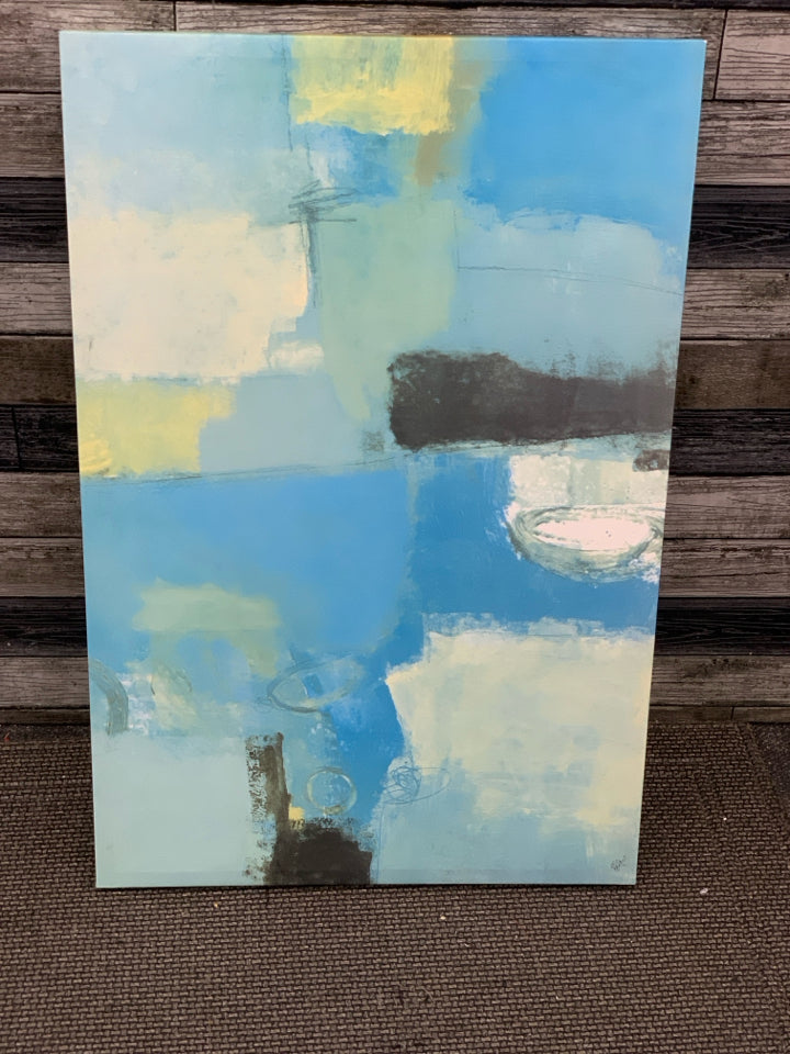 BLUE ABSTRACT CANVAS W/BLACK AND YELLOW.