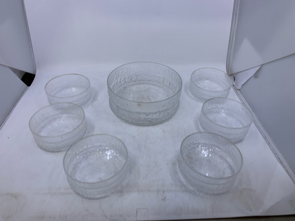 7 PC TEXTURED GLASS BOWL MADE IN FINLAND.