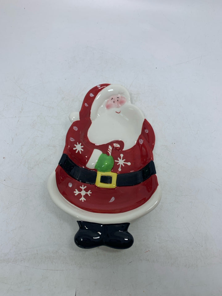 SANTA HOLDING A CANDY CANE CATCH ALL BOWL.