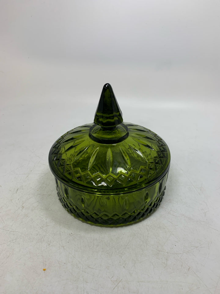 VTG SHORT CIRCLE GLASS TEXTURED CANISTER W/ POINTED HANDLE.
