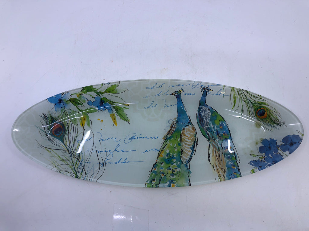PEACOCK PAINTED GLASS CENTERPIECE.