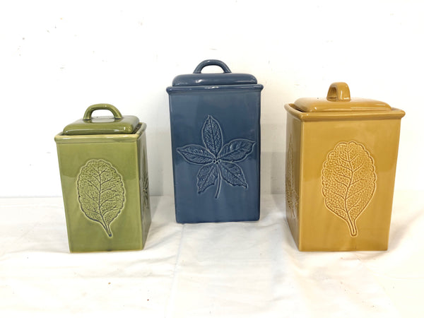 3 SQUARE LEAF PATTERN  COLORFUL CANISTERS.