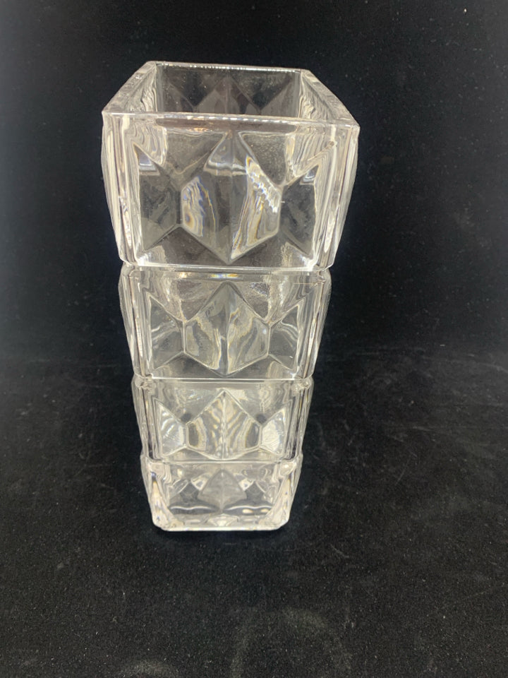 HEAVY CUT GLASS VASE W/CUBE DETAIL.