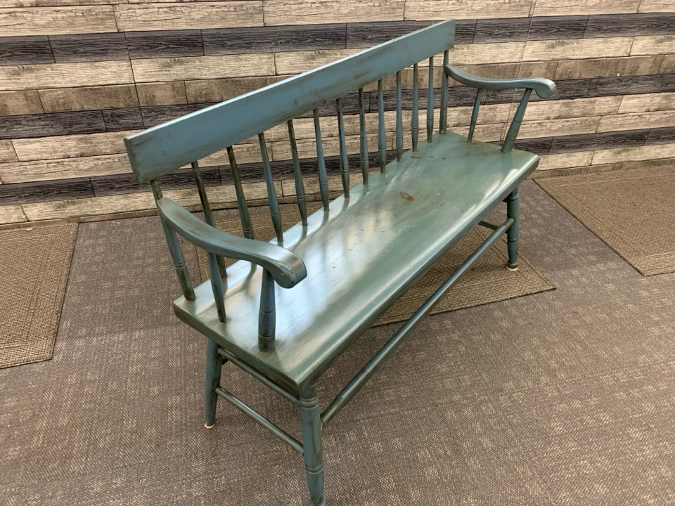 BLUE PAINTED SPINDLE BACK WOOD ENTRY BENCH.