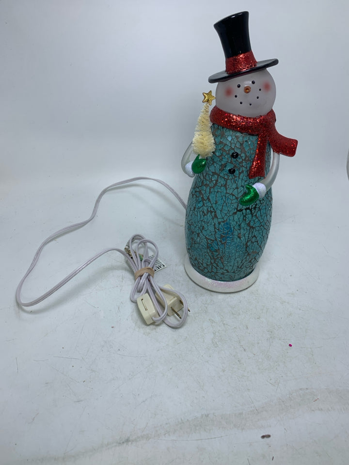 BLUE CRACKLE GLASS LIGHTUP SNOWMAN LAMP.