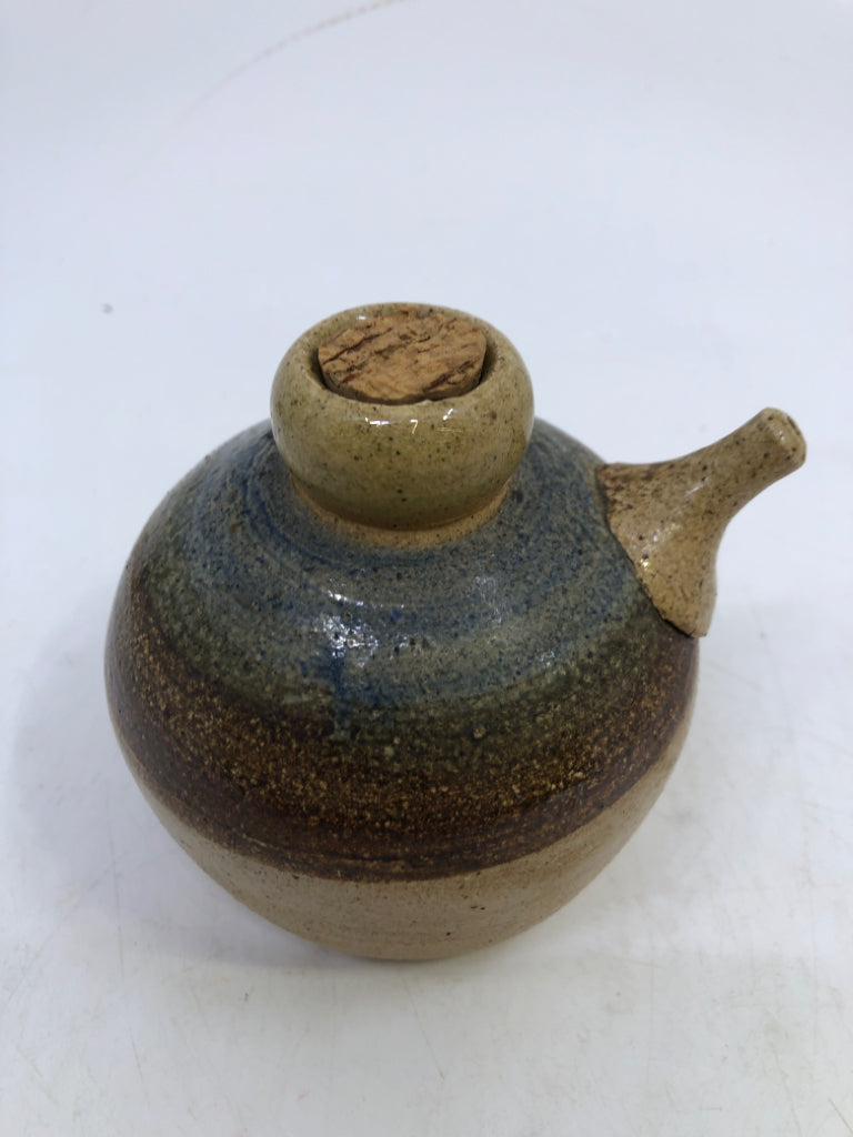 BROWN, TAN, BLUE JAPANESE POTTERY TEAPOT.