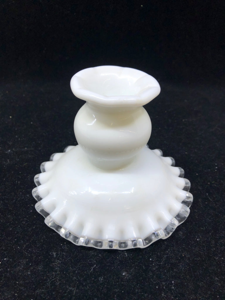 MILK GLASS RUFFLE BOTTOM TAPERED CANDLE HOLDER.