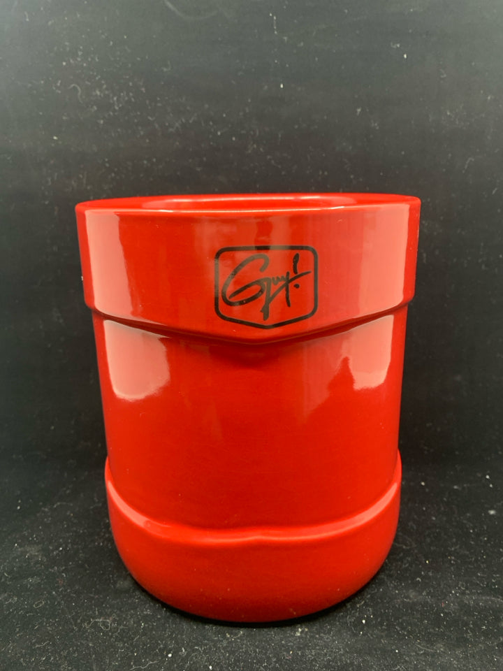 RED CERAMIC GUY FIERI UTENSIL CROCK.