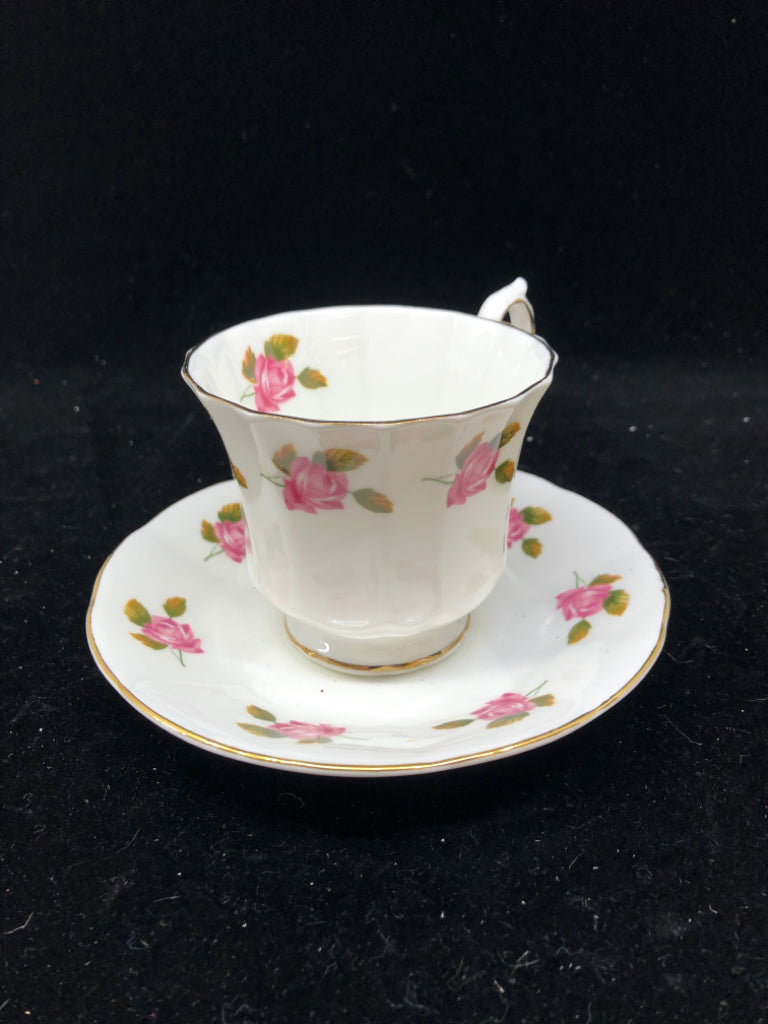 PINK FLORAL TEACUP AND SAUCER.