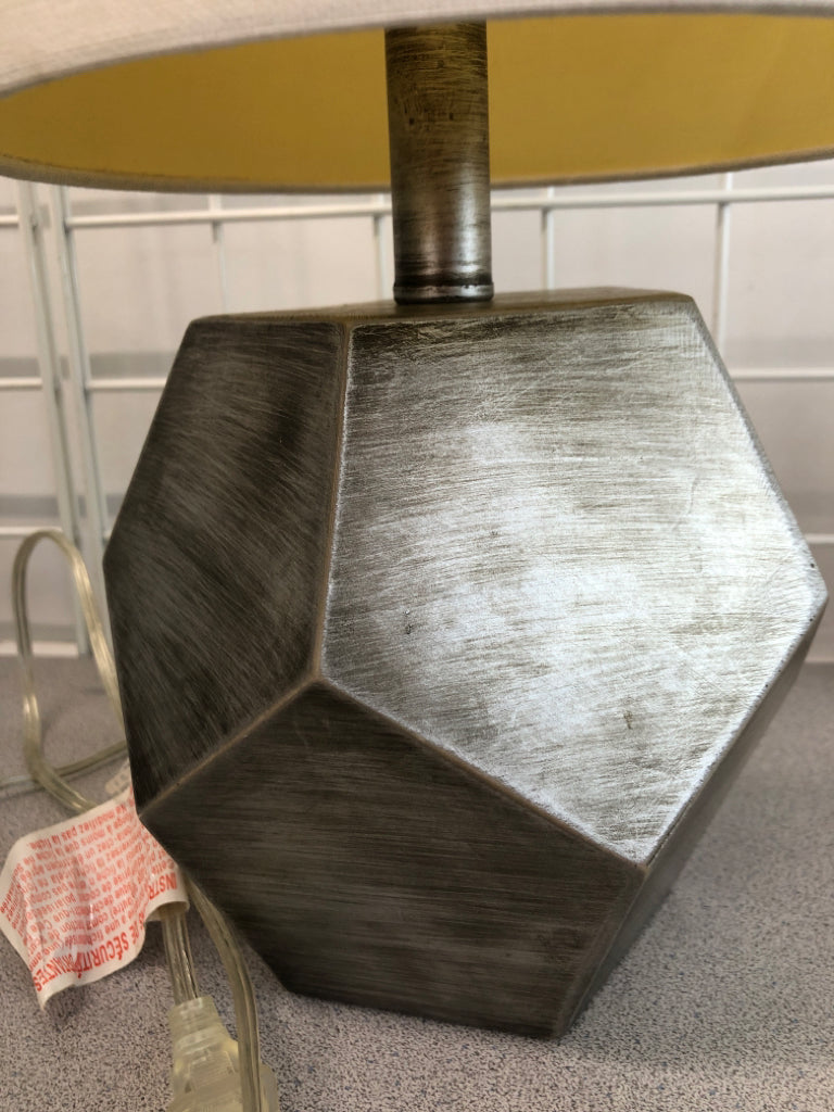 GEOMETRIC GRAY BRUSHED LAMP W/LONG SHADE.