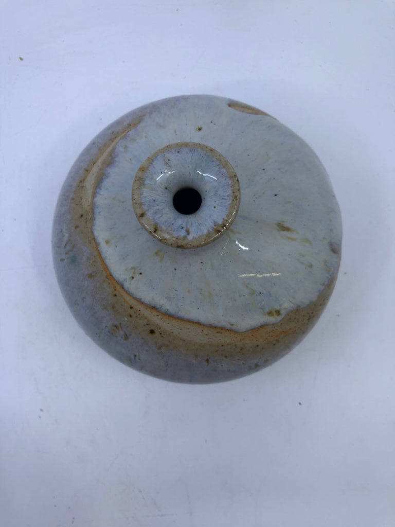 WHITE CIRCLE POTTERY VASE W/ SMALL FLARED NECK.