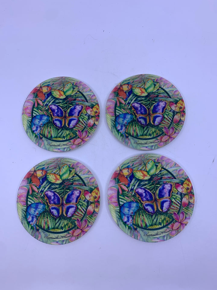 4 ROUND POTTERY COASTERS BUTTERFLIES.