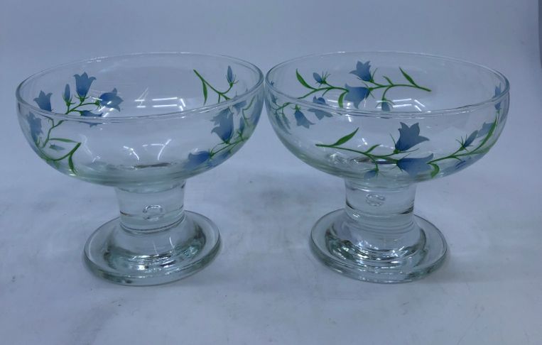 2 CLEAR GLASS BLUE FLORAL DESSERT BOWLS.