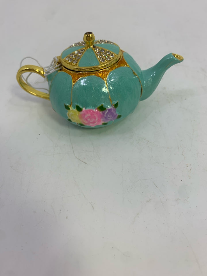 TEAL TEAPOT BEJEWELED TRINKET BOX.