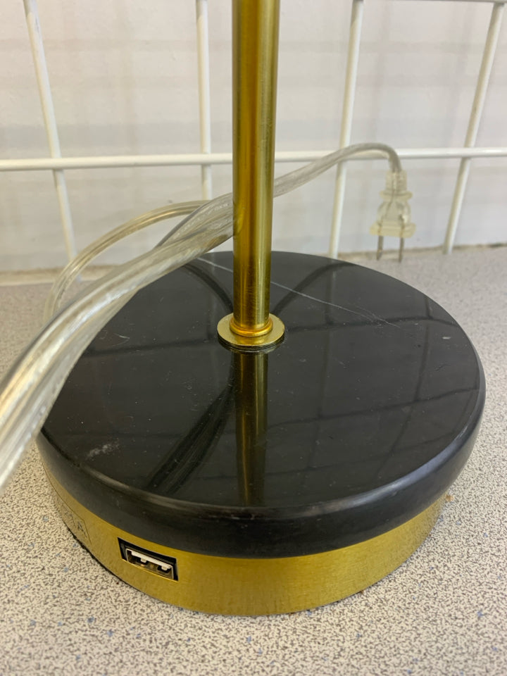BLACK GOLD BASE LAMP W/WHITE SHADE.