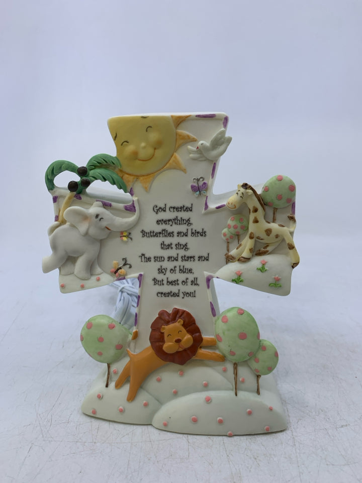 RESIN CROSS W/ ANIMALS BIBLE VERSE.