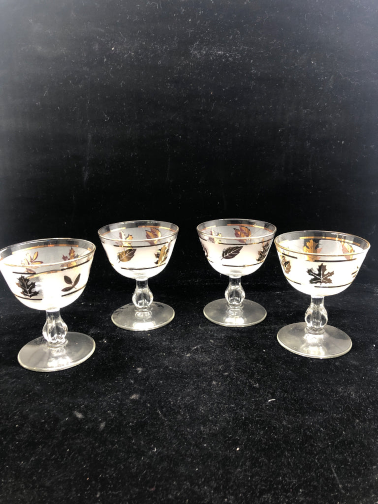 4 VTG GOLD LEAF DESSERT GLASSES.