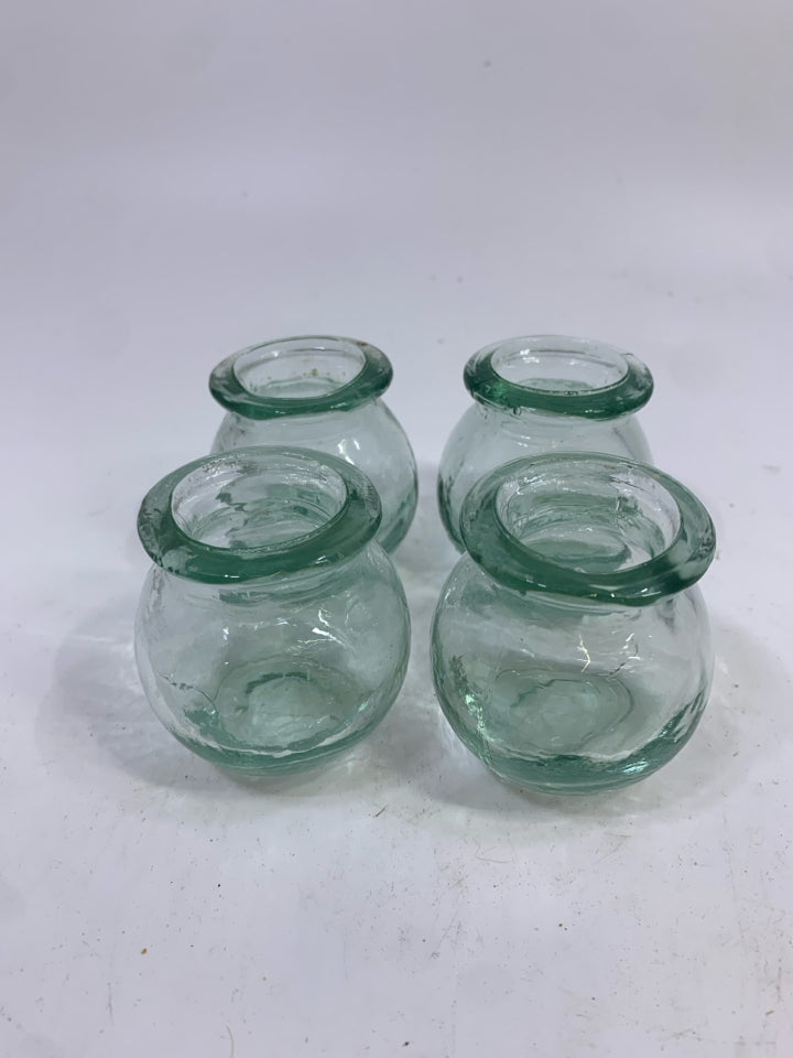 4 MINI GREEN GLASS JARS IN BAG.