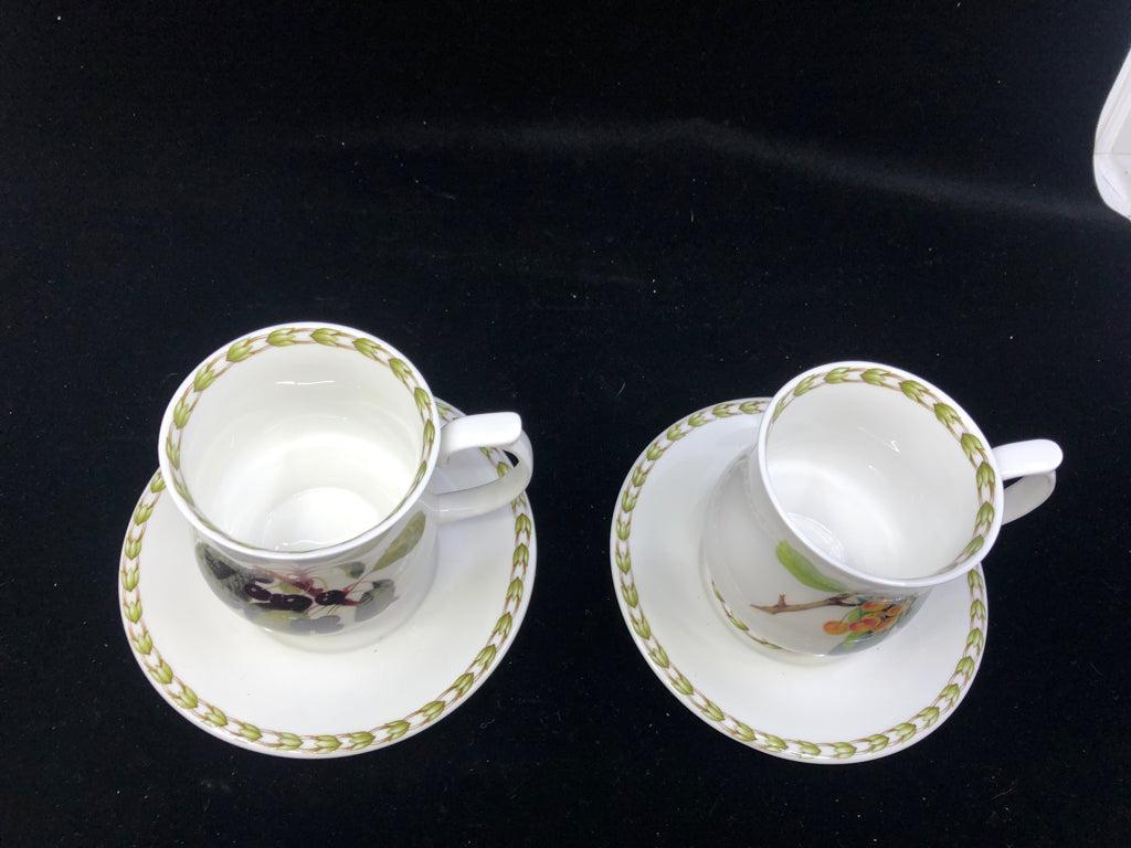 2 FRUIT PAINTED W GREEN RIM TEACUP AND SAUCERS -HOOKER'S FRUIT