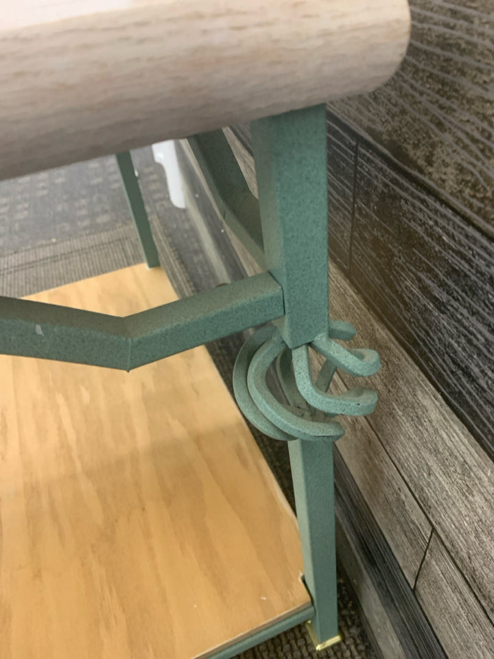 GREEN METAL & BLONDE WOOD TABLE.