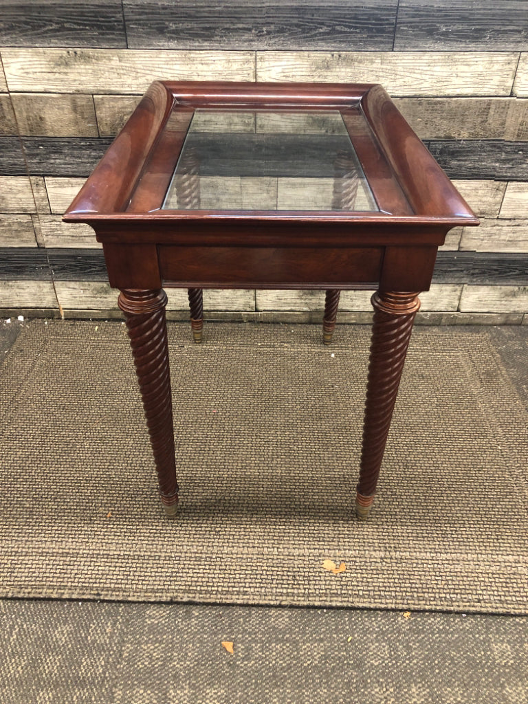 DRK WOOD SIDE TABLE W/GLASS TOP/SPIRAL LEGS.