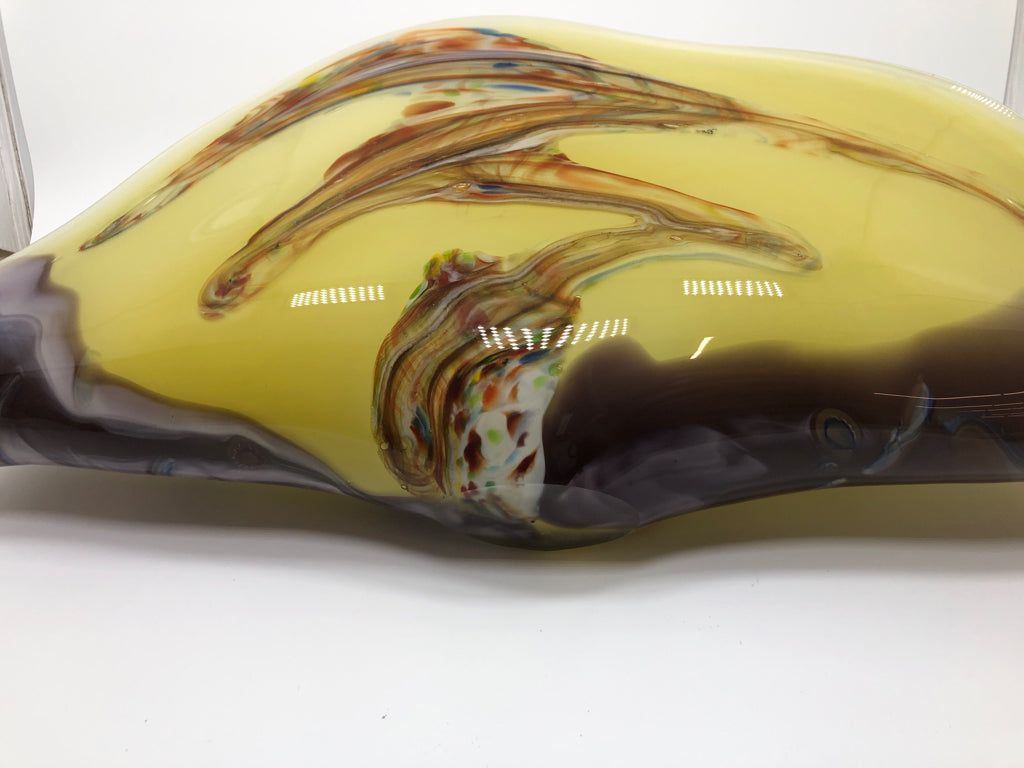 PURPLE/YELLOW SWIRL BLOWN GLASS CENTERPIECE.