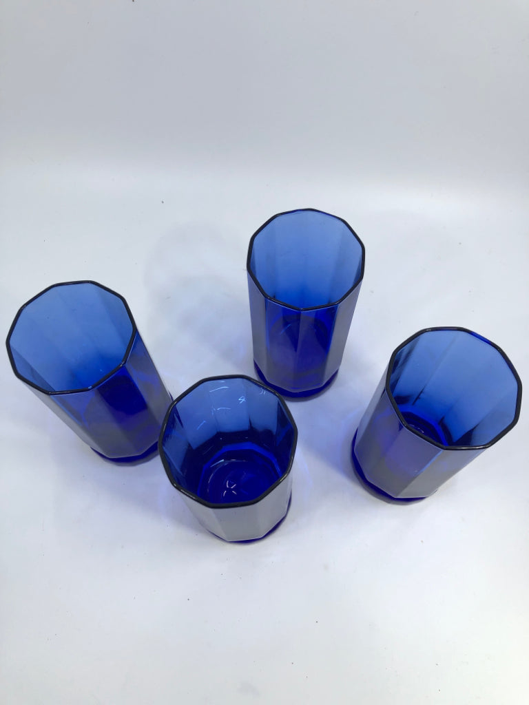 4PC BLUE GLASS DECAGON GLASSES W/DIP AT BOTTOM.