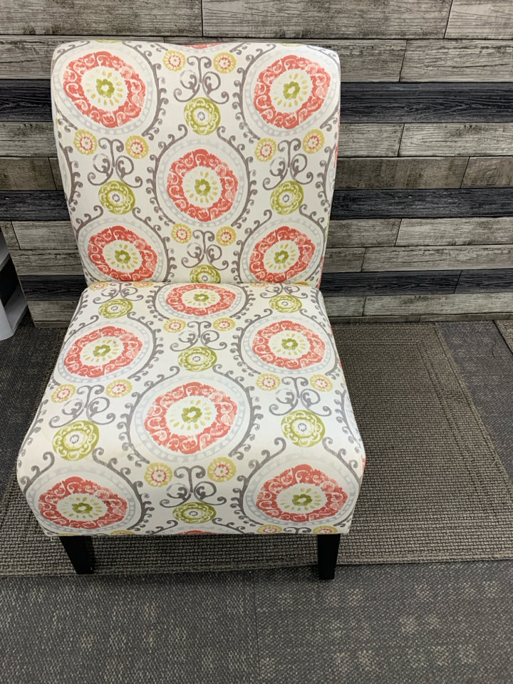 RED + GREEN FLORALS, WOOD LEGS ACCENT CHAIR.