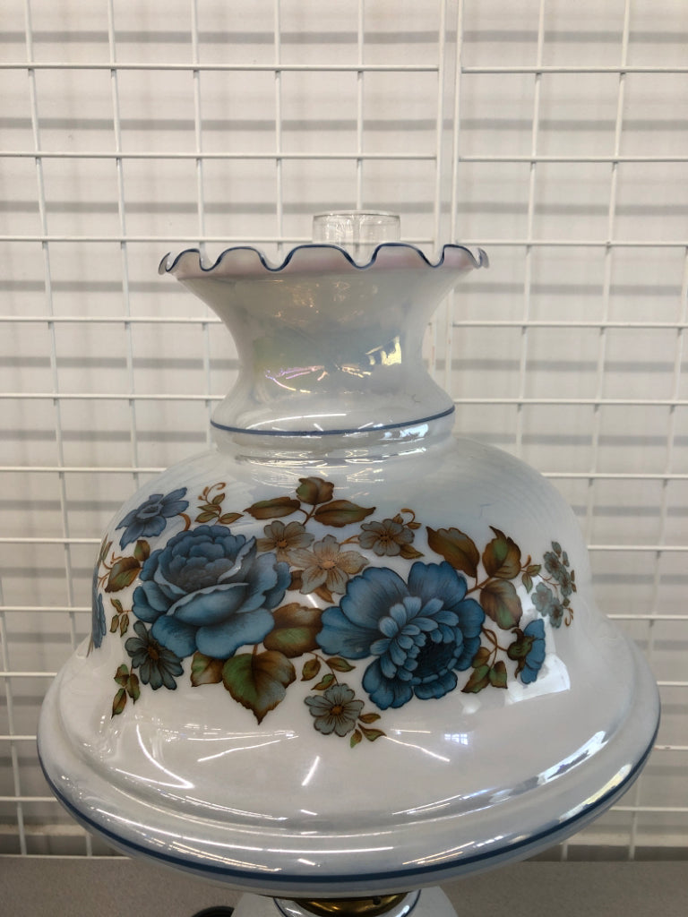 VTG BLUE ROSE MILK GLASS HURRICANE LAMP.