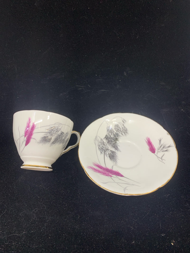 VTG WHITE W/ PINK+BLACK WHEAT & GOLD TRIM DESIGN TEA CUP & SAUCER.