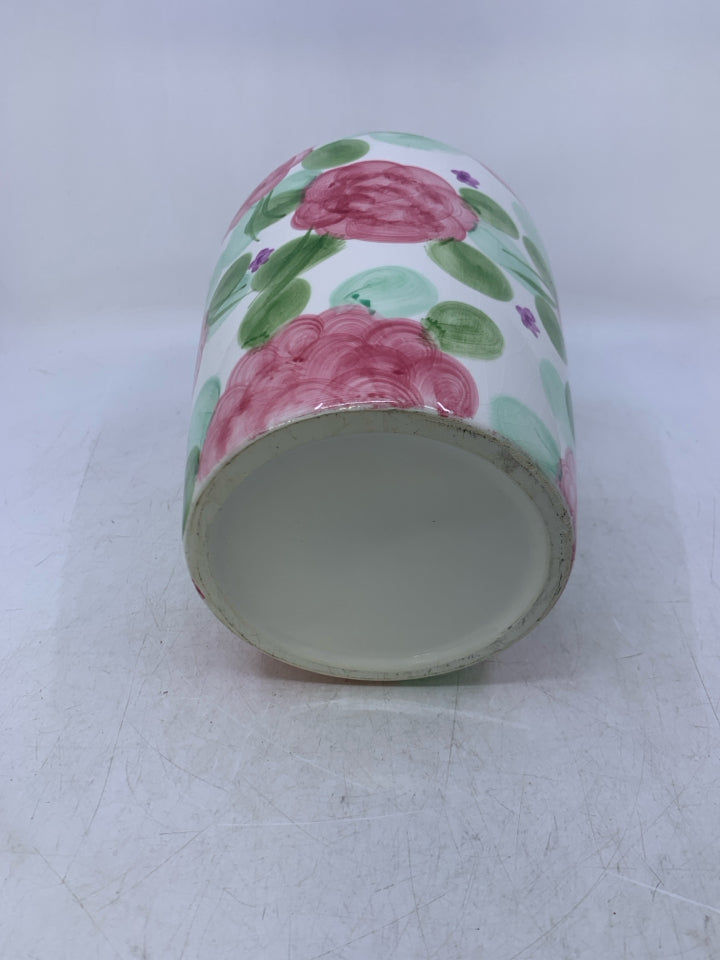 WHITE CERAMIC VASE W/ PINK FLOWERS GREEN SPOTS.