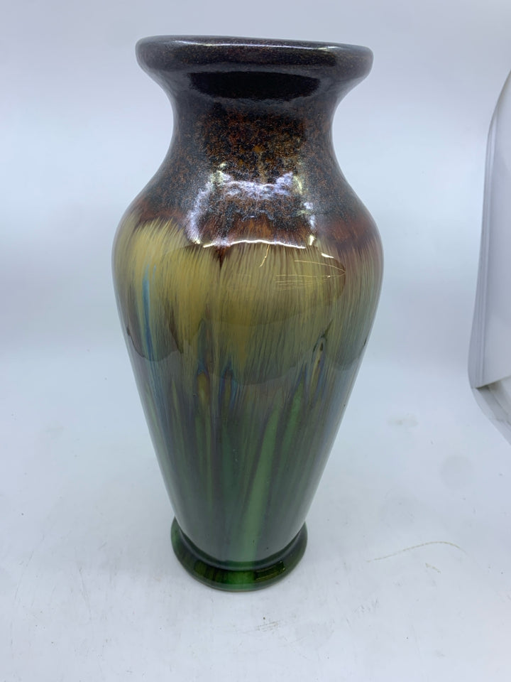 IRIDESCENT GREEN,CREAM,BROWN OMBRE VASE.
