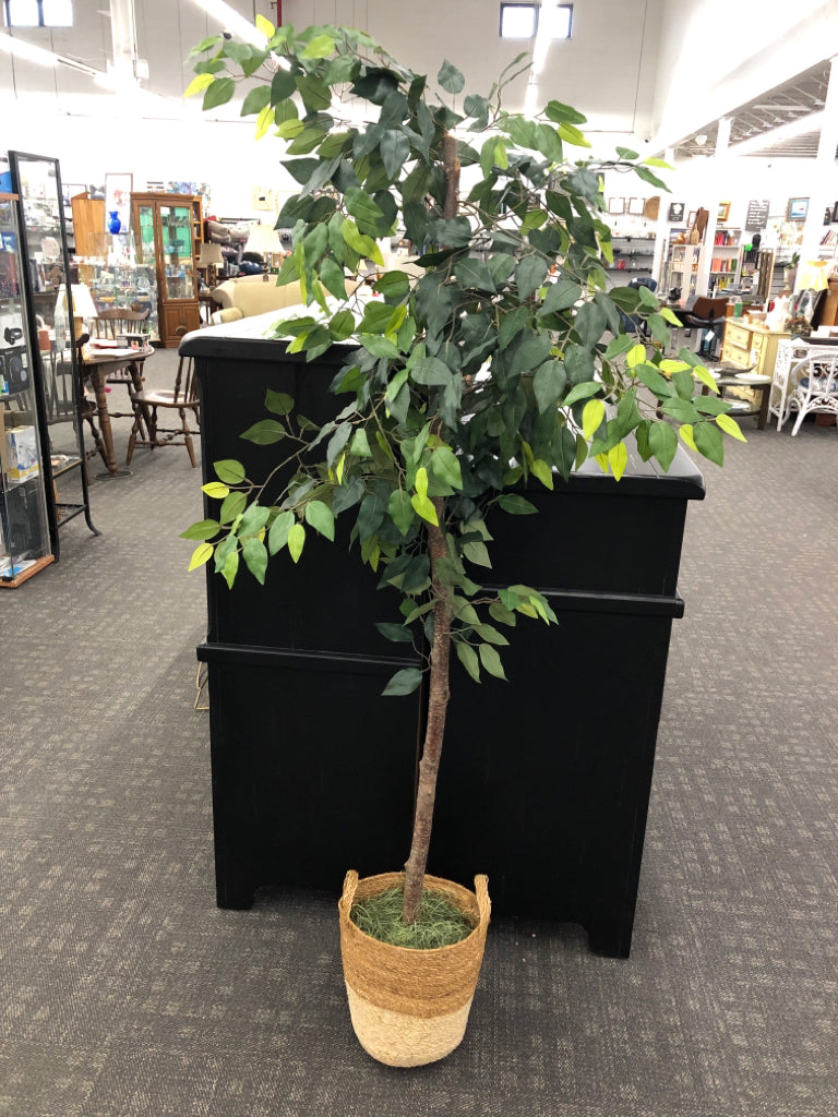 FAUX TREE IN WOVEN 2 TONED BASKET.