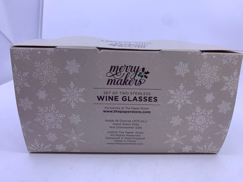 2 NIB HOLIDAY CHEER STEMLESS WINE GLASSES.