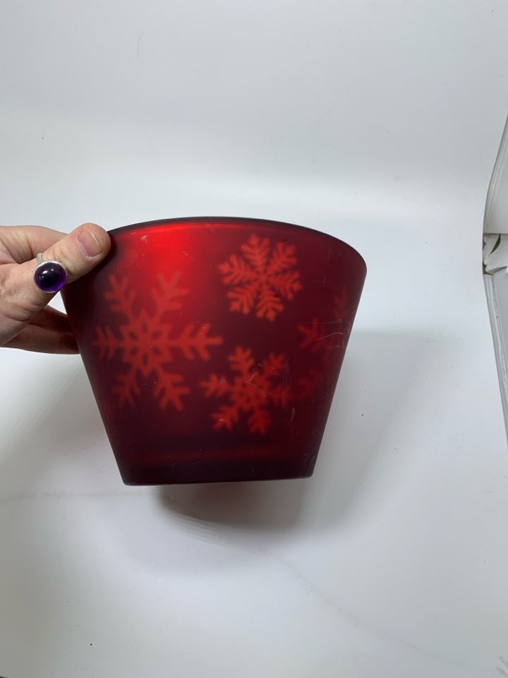RED GLASS PLANTER W/ GOLD SNOWFLAKES.