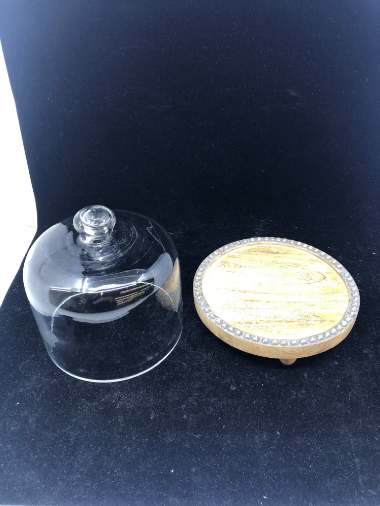 WOOD FOOTED SERVING DISH W/DOME.