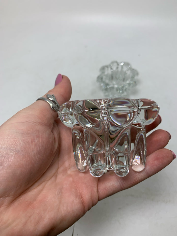 2 CLEAR GLASS TEA LIGHT HOLDERS W/ ROUNDED EDGES.