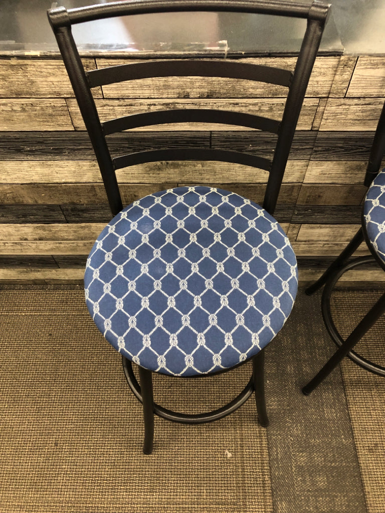 3 BLACK METAL STOOLS W BLUE CUSHION.