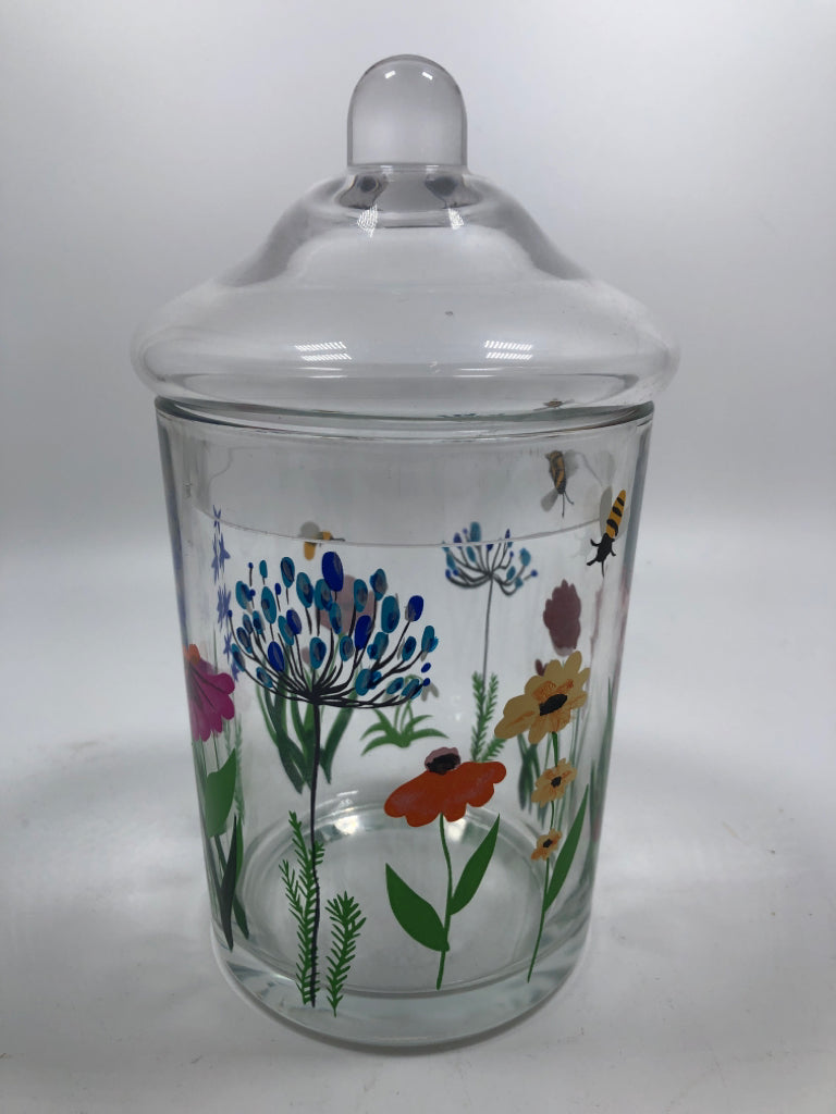 CLEAR JAR W/ PAINTED FLOWERS AND BEES.