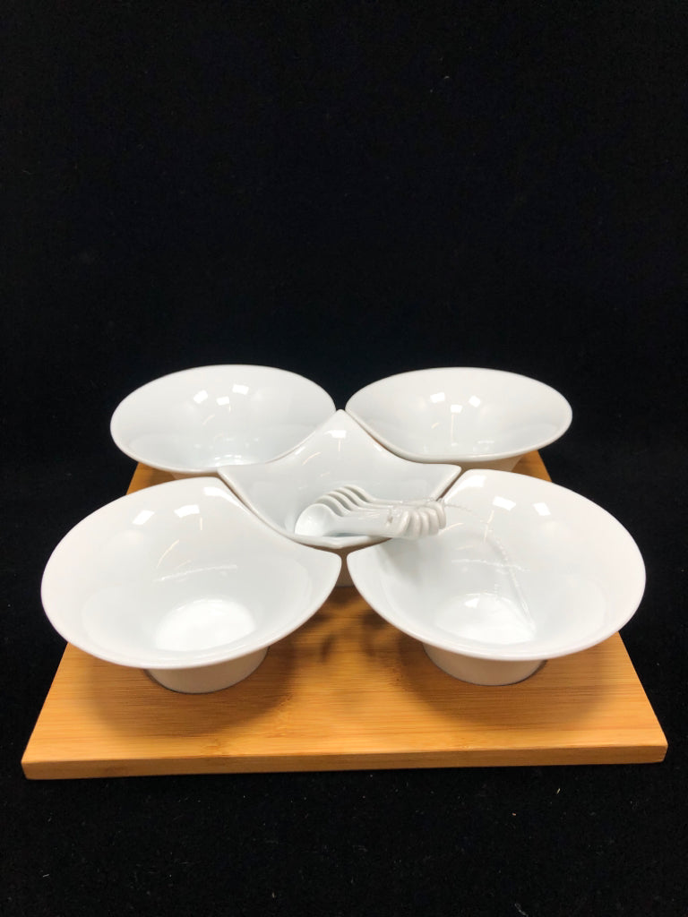 6PC CERAMIC SERVING SET ON BAMBOO TRAY W/SPOONS.