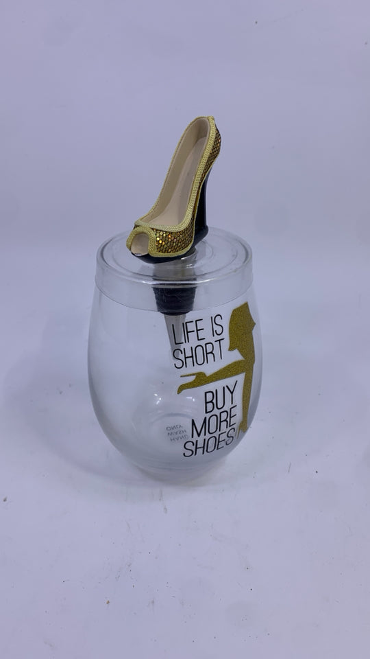 LIFE IS SHORT WINE CUP W/SHOE BOTTLE STOPPER.