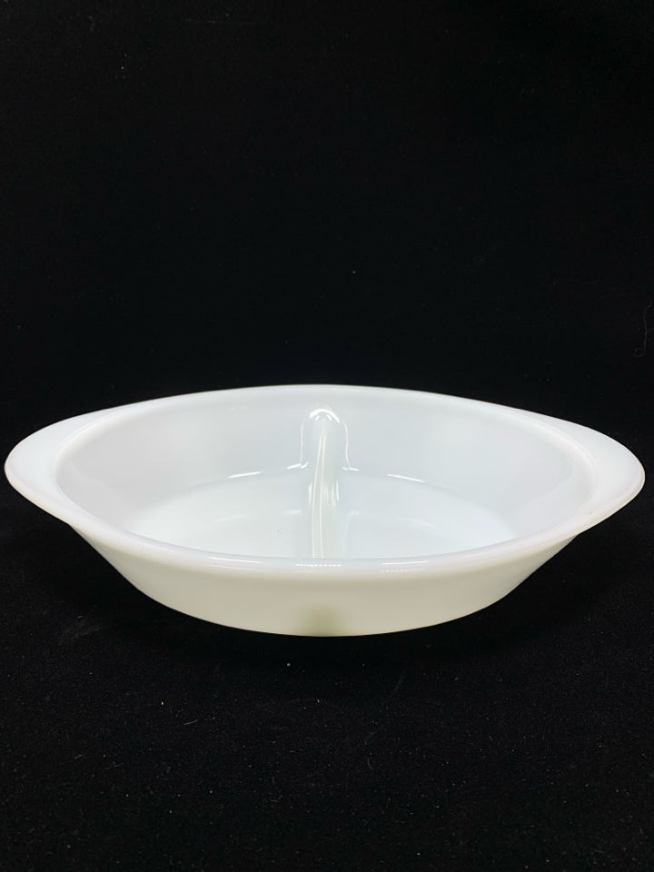 VTG MILK GLASS DIVIDED CASSEROLE DISH.
