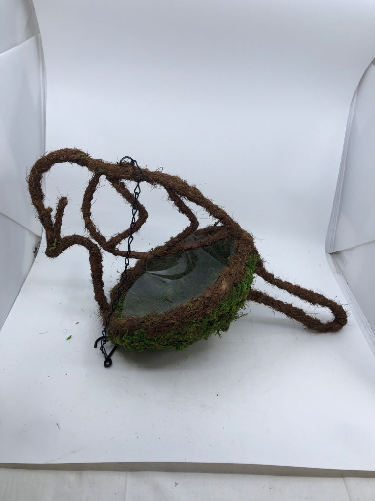 MOSS BIRD SHAPED HANGING PLANTER W/ PLASTIC INSERT.