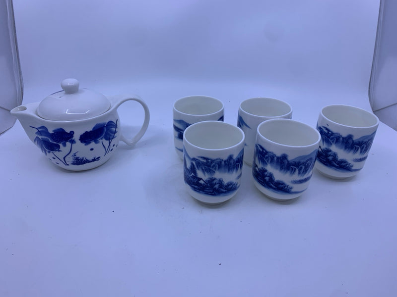 6 PC BLUE AND WHITE ASIAN STYLE TEAPOT AND CUPS.