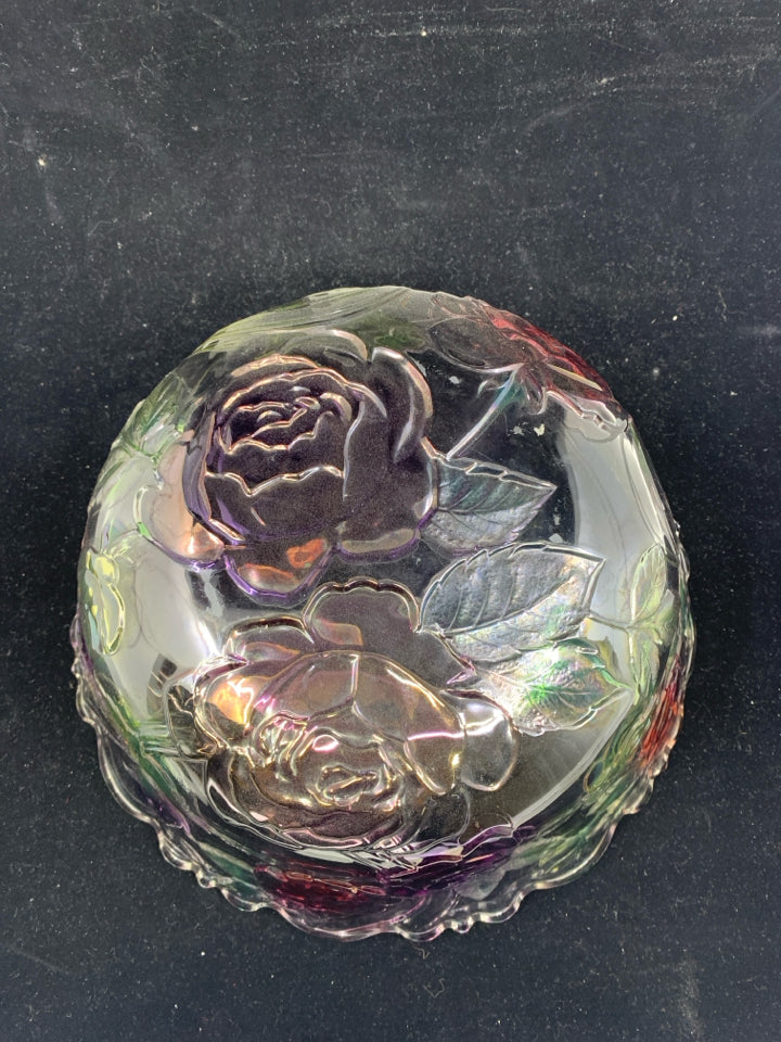 EMBOSSED PINK AND PURPLE FLORAL BOWL.