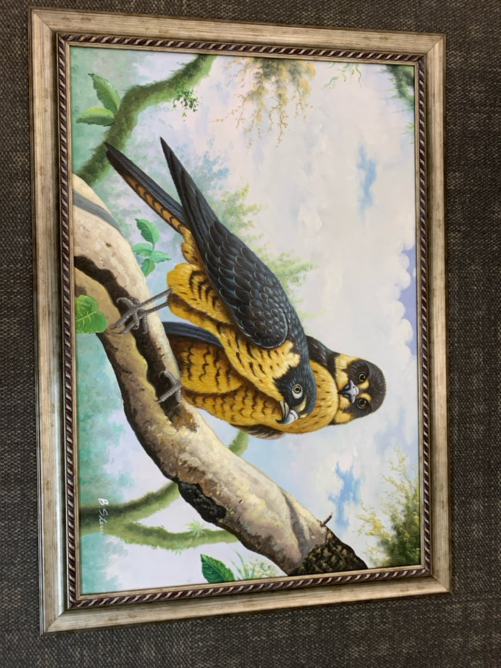 FALCONS ON BRANCH FRAMED PAINTING.