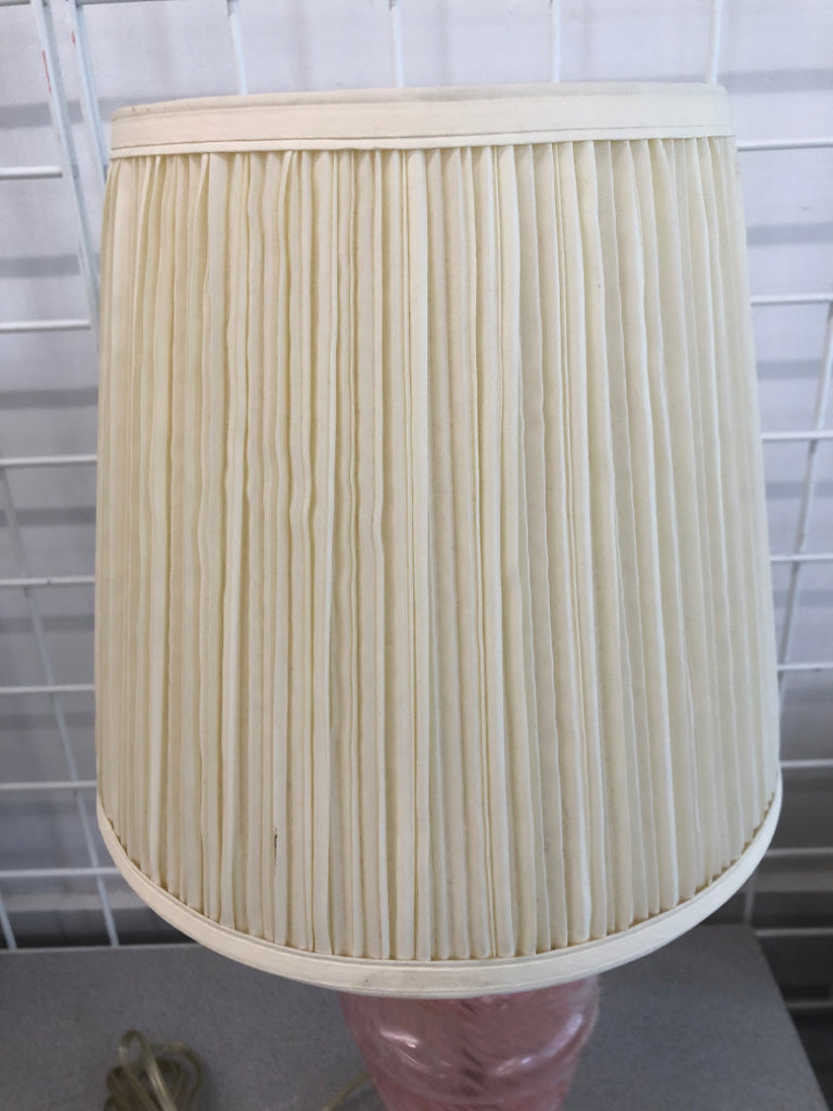 PINK GLASS BASE LAMP W/RIBBED SHADE.