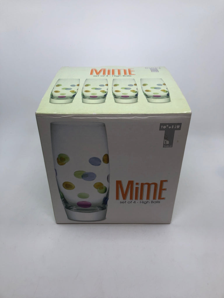 4 NIB POLKA DOT HIGH BALL GLASSES.